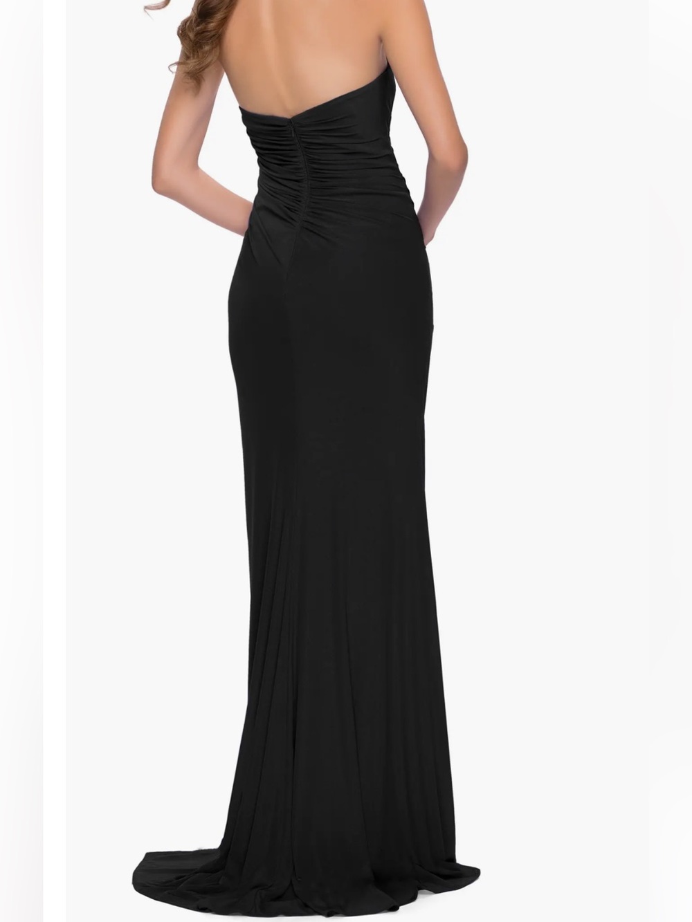 La femme black strapless jersey ruched gown side slit cocktail formal sz 4 - Picture 2 of 9